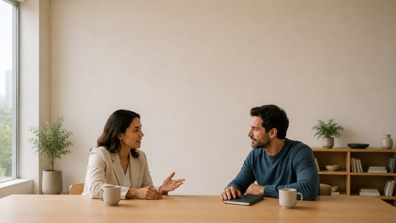 Two people in a warm conversation at a wooden table, coffee mugs between them