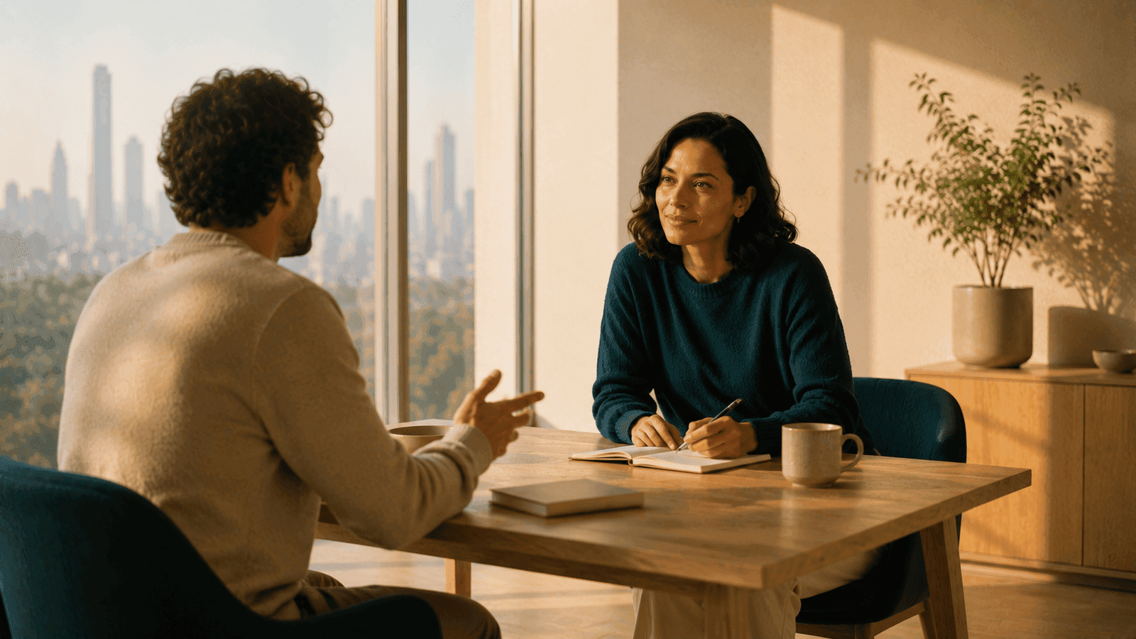 Two colleagues in a warm, sunlit studio, sitting across from each other mid-conversation