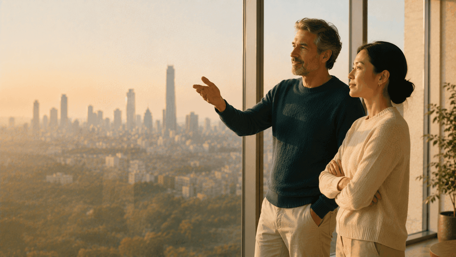 Two people at a floor-to-ceiling window at golden hour, one gesturing out over the city
