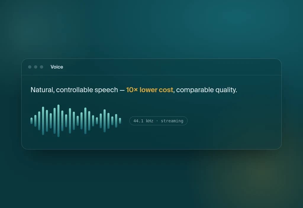 A voice surface panel: a speech waveform, marked 44.1 kHz streaming.