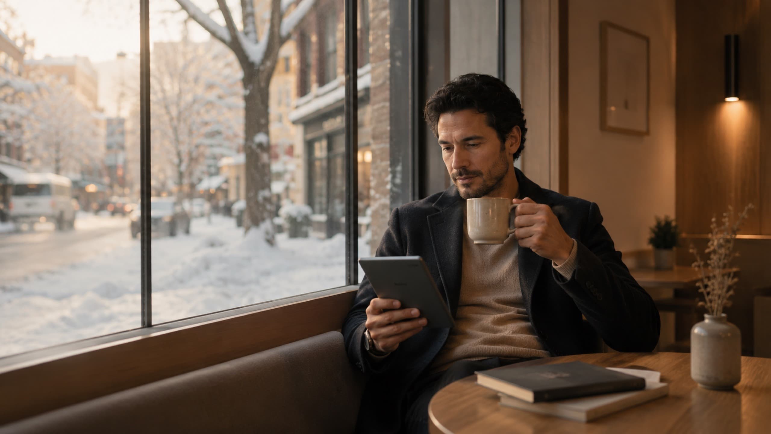A person working alone at a cafe table beside a window in low winter light