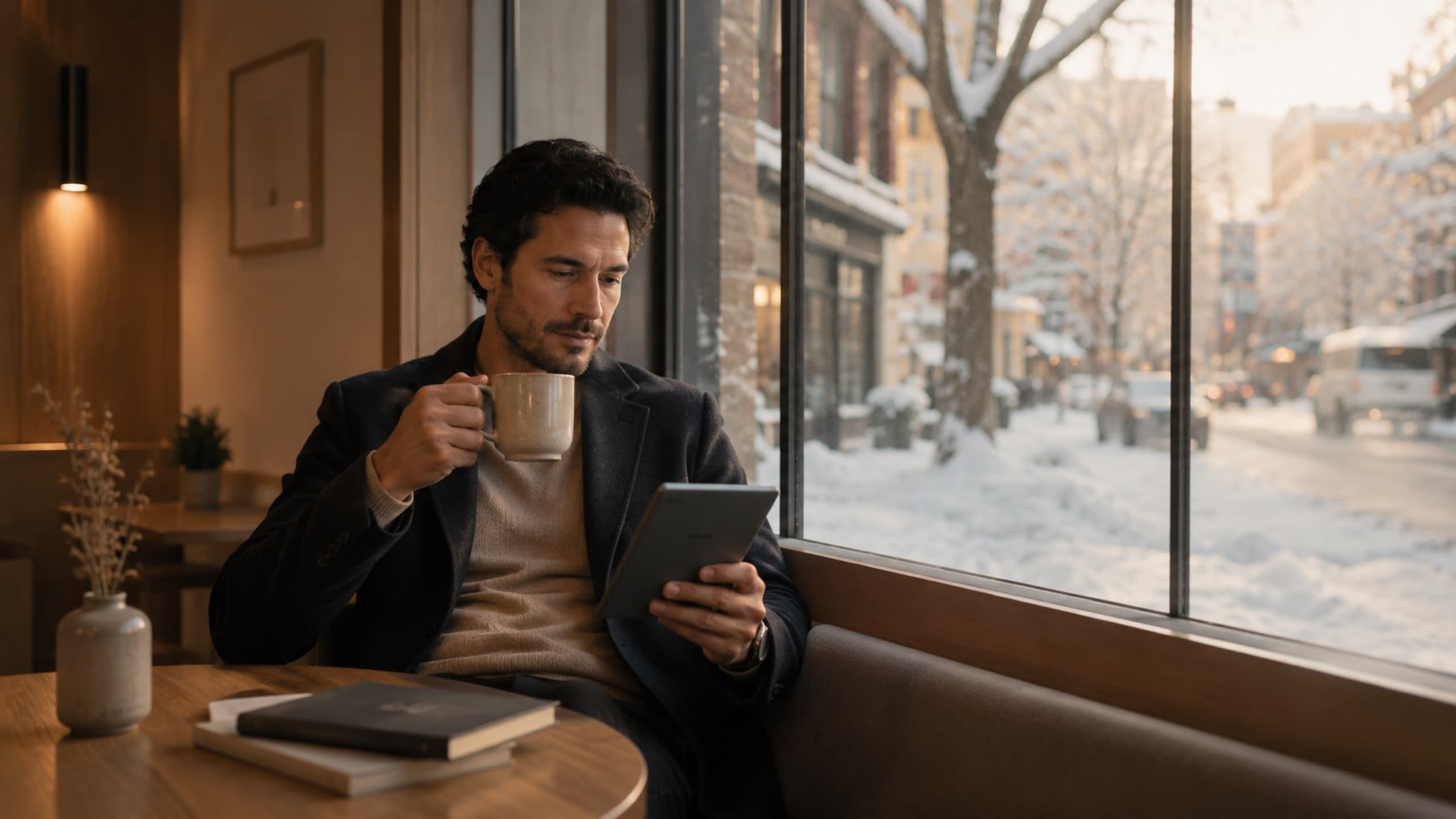 A person working alone at a cafe table beside a window in low winter light