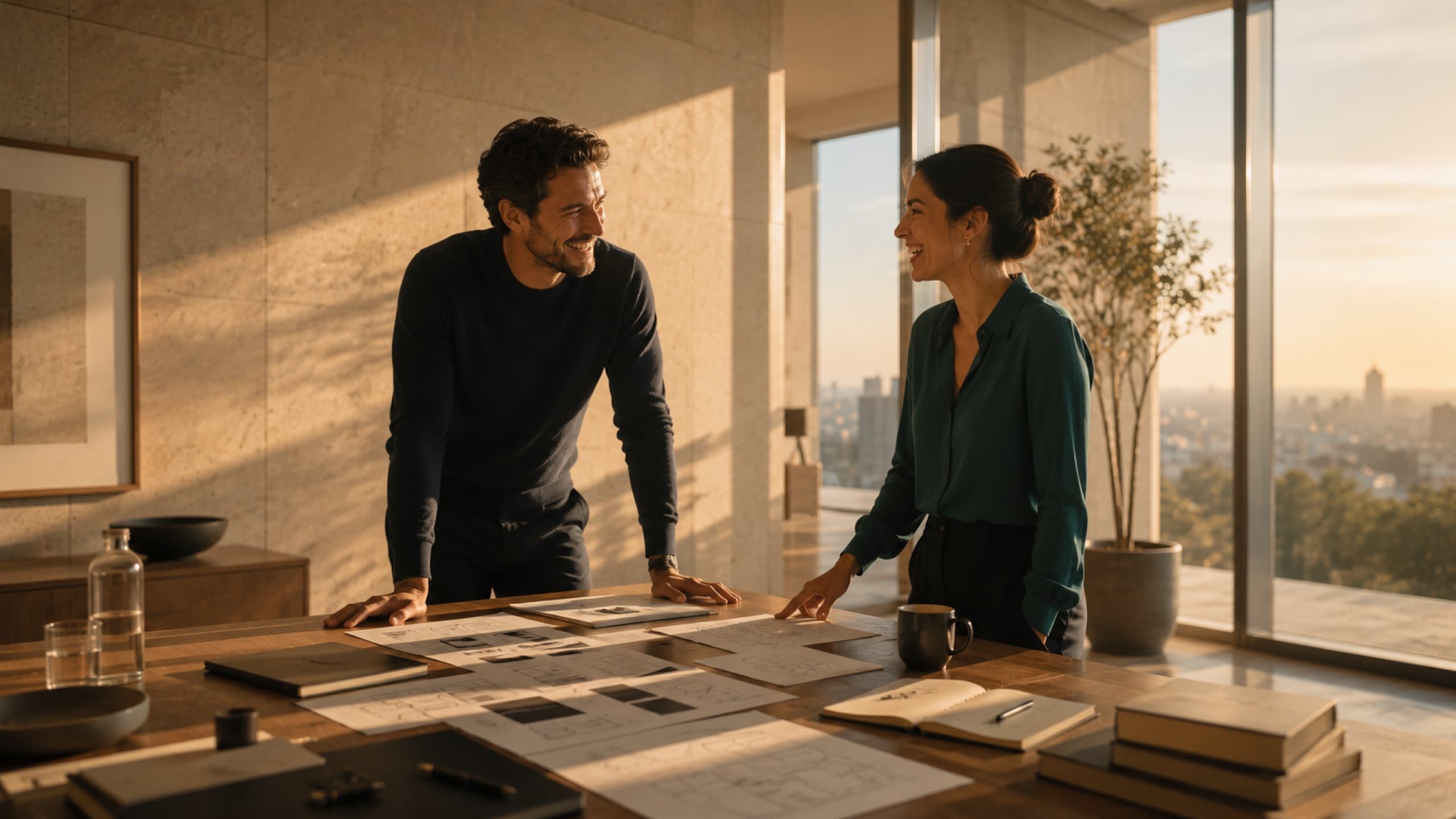 Colleagues reviewing work together at a long studio table in warm afternoon light