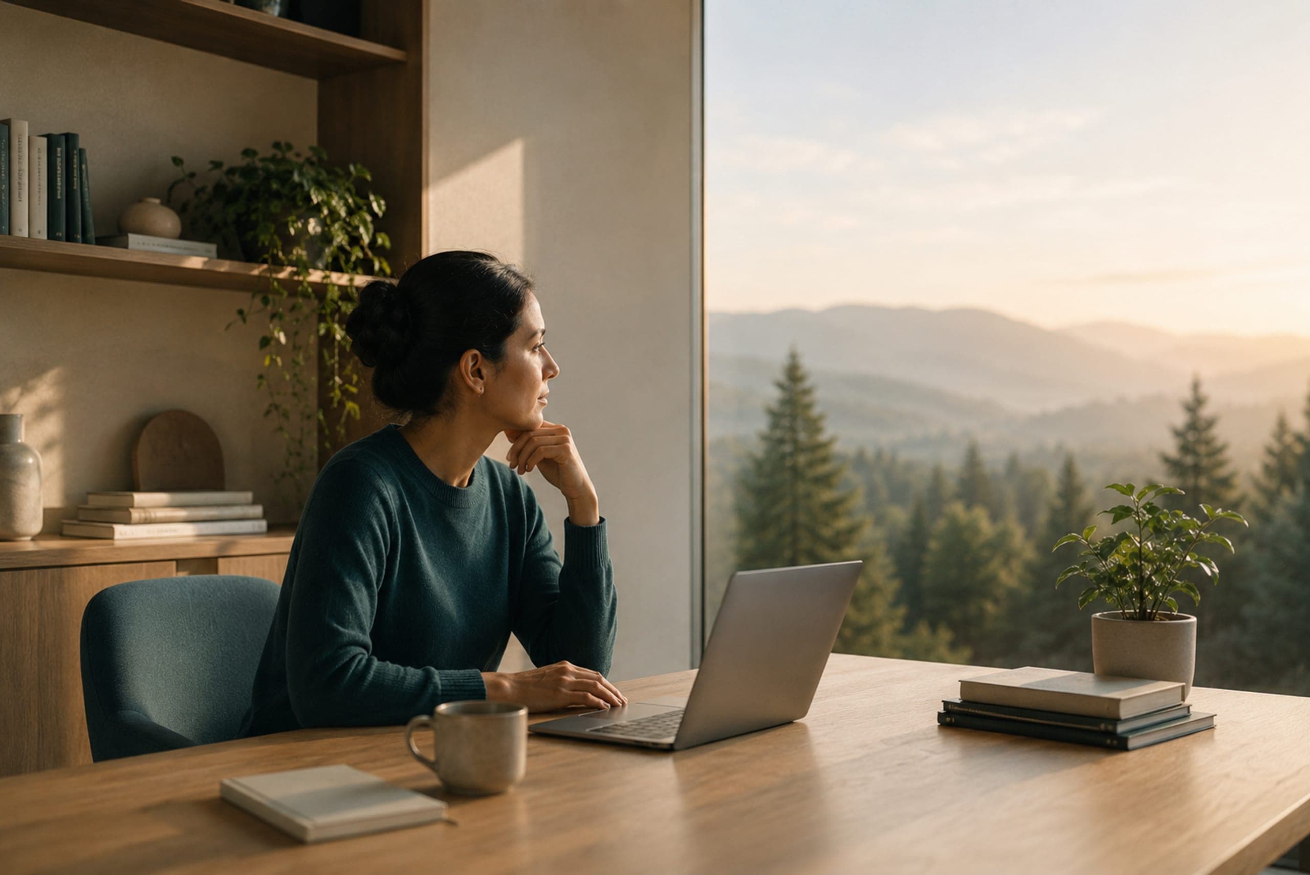 A woman alone at a desk with her laptop, chin resting on her hand, looking out at forested hills
