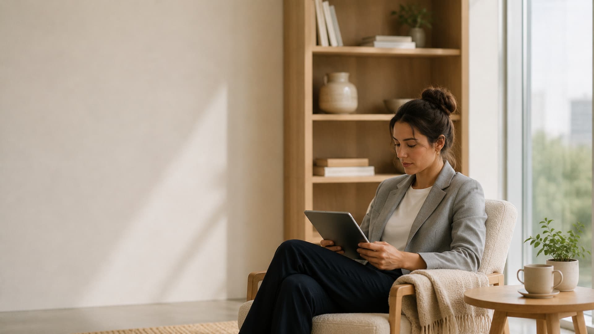 A person following an interactive lesson on a tablet in a warm, relaxed setting