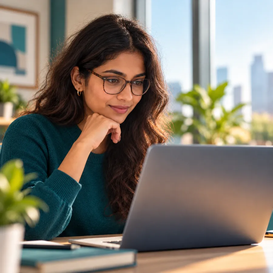 A woman taking an assessment on her laptop