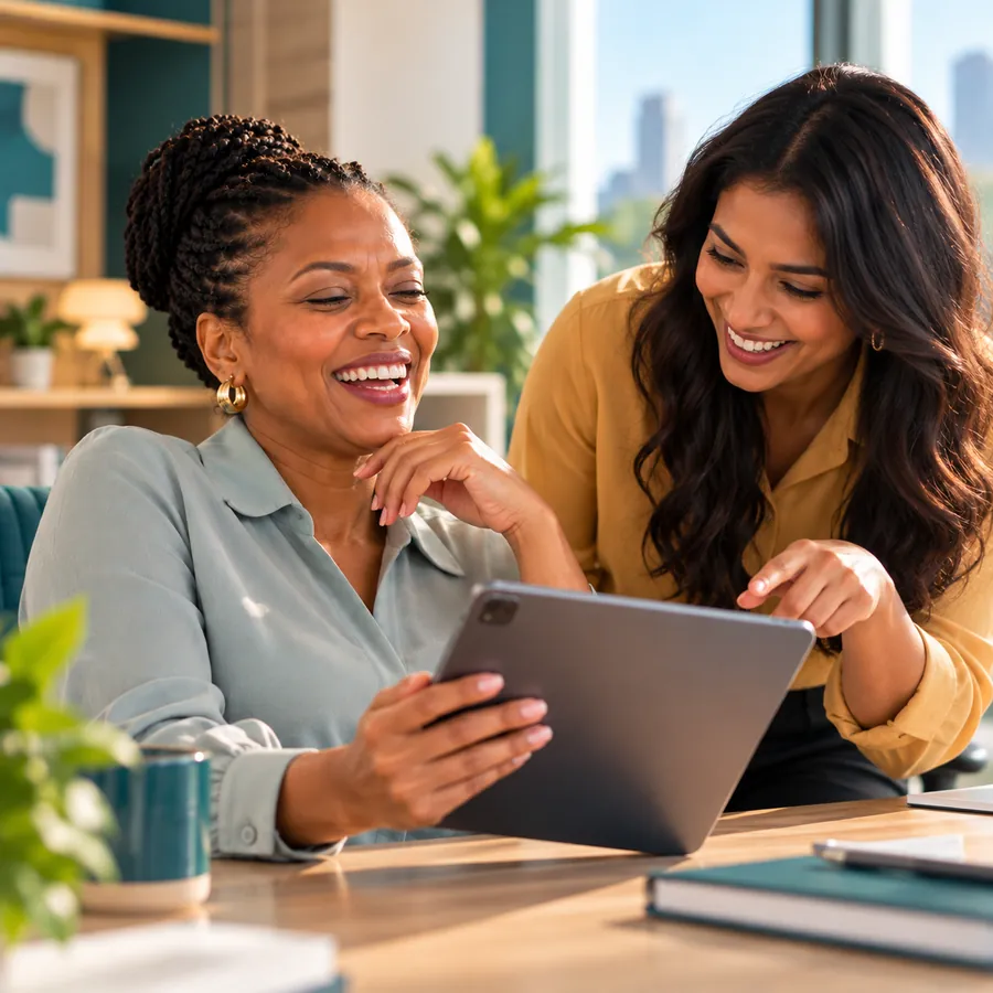 Two colleagues reviewing an assessment together on a tablet