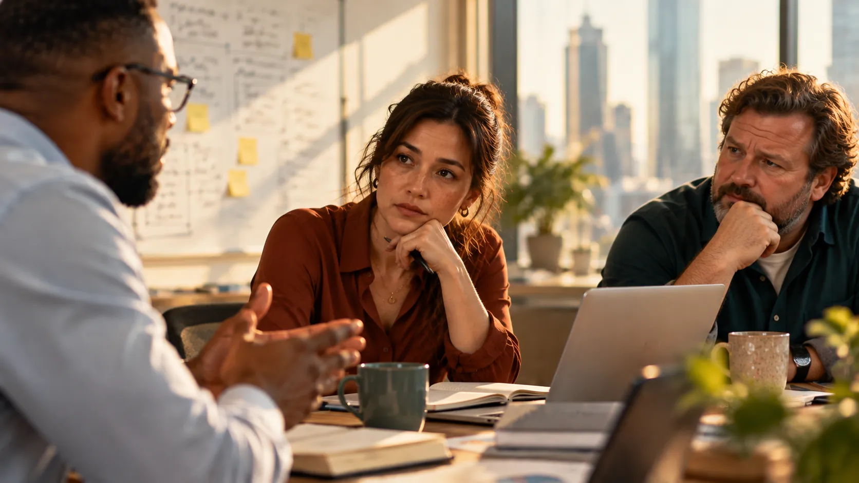 Two colleagues listening thoughtfully as a presenter makes his case at a sunlit meeting table