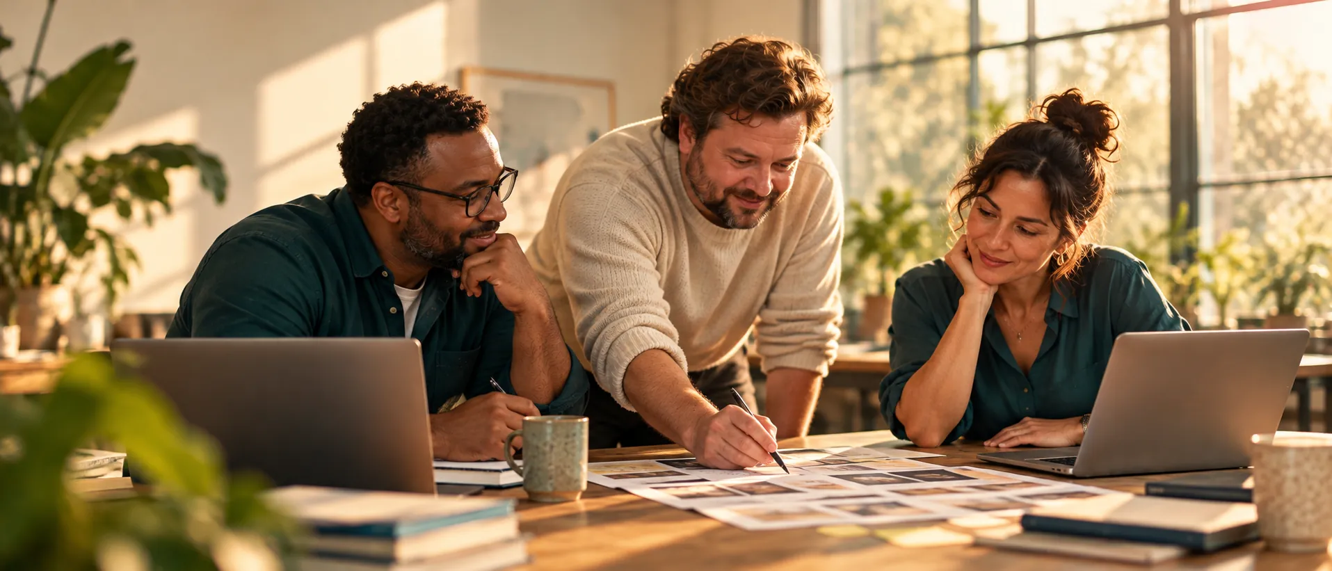 Three instructional designers reviewing storyboards together at a sunlit table