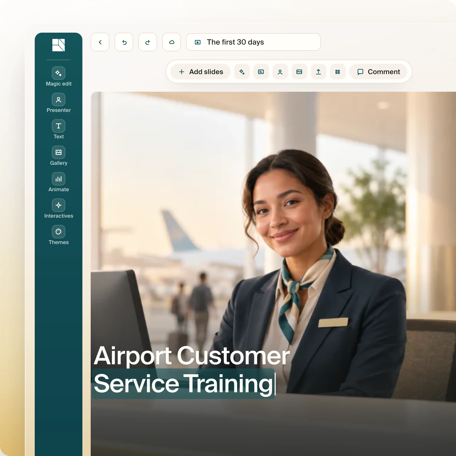 The Creatium Studio editor building an airport check-in training lesson, with the lesson outline on the left and an avatar presenter in the preview pane.