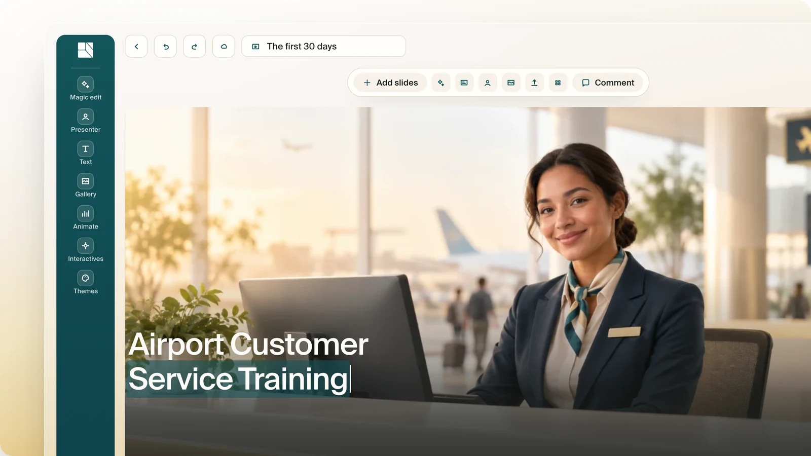 The Creatium Studio editor building an airport check-in training lesson, shown across the full width of the page.