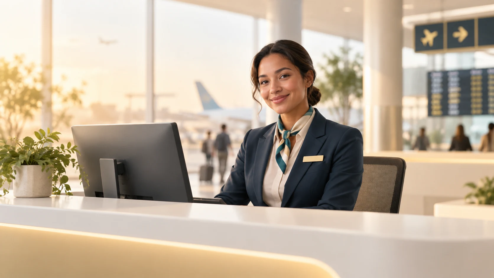 A Creatium lesson screen for airport check-in training, with an avatar presenter beside the slide.