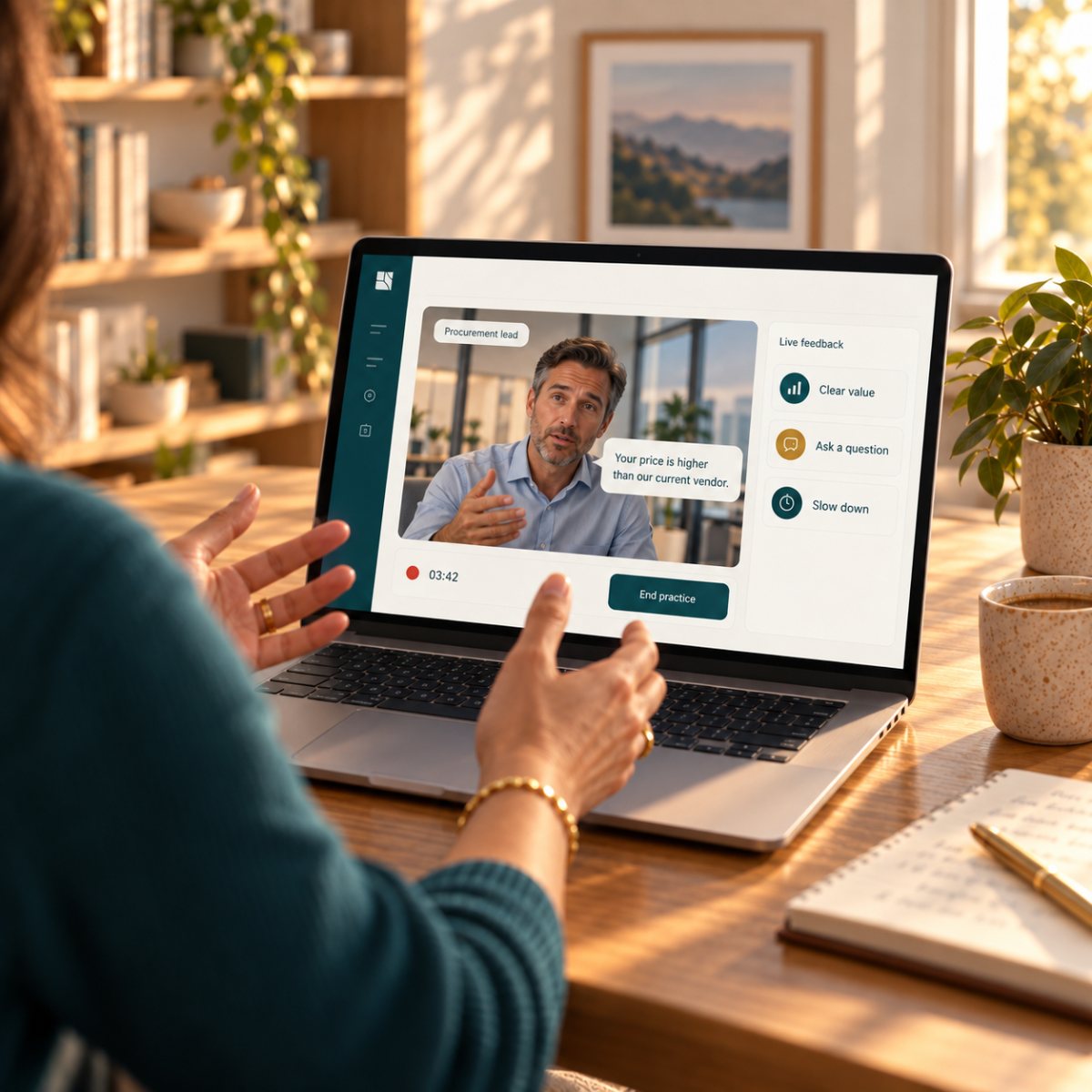 Sales roleplay with a procurement lead and live feedback on a laptop