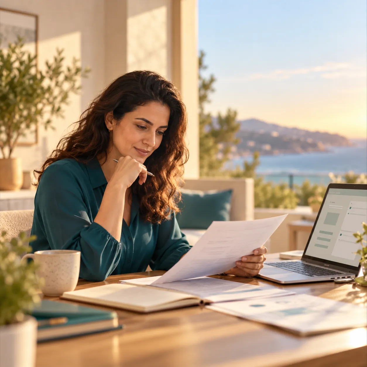 Person reviewing documents at a laptop